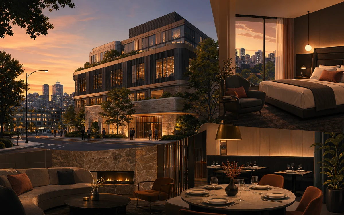 Layered architectural view of 7 Help Street in Chatswood with warm evening light and North Shore urban surroundings