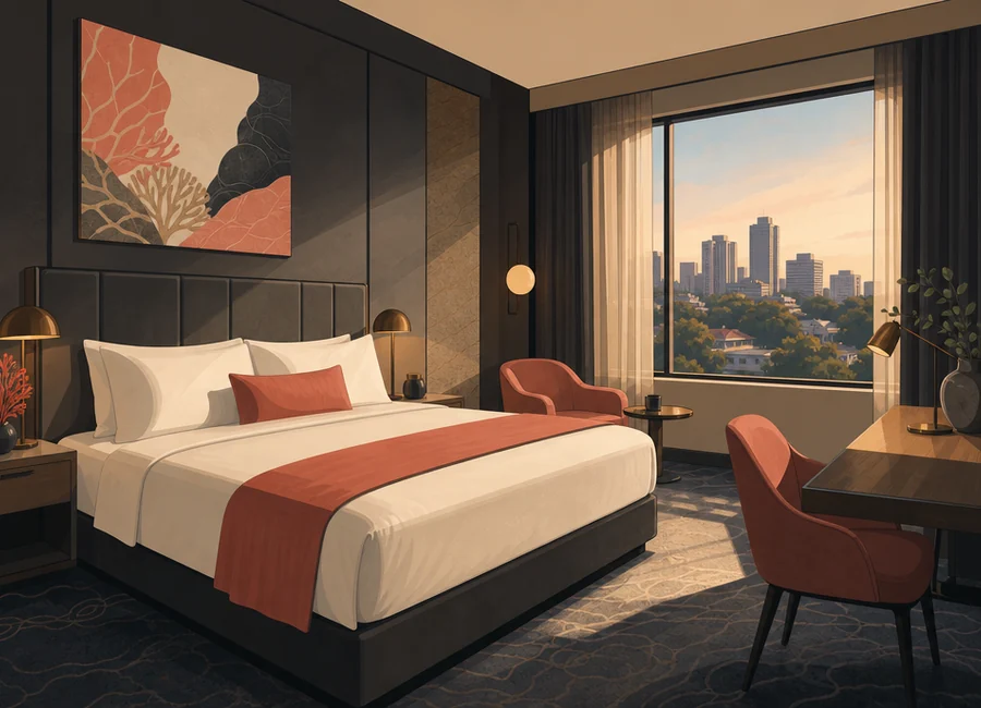 The Coral King Room with one king bed, work desk, warm ivory surfaces and coral details