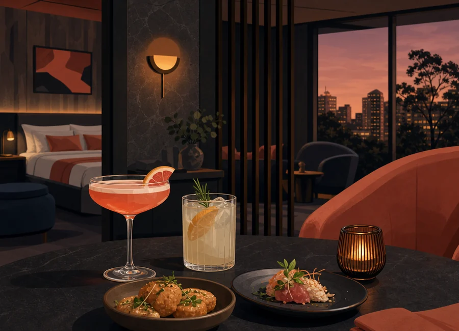 Low-lit Coral Room setting with a cocktail, a zero-proof drink and small plates on a charcoal table