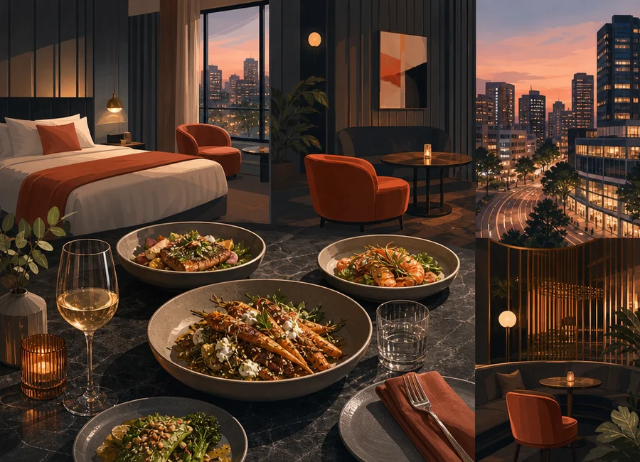 Seasonal Australian plates and shared dishes arranged on a textured stone table at hotel social spaces