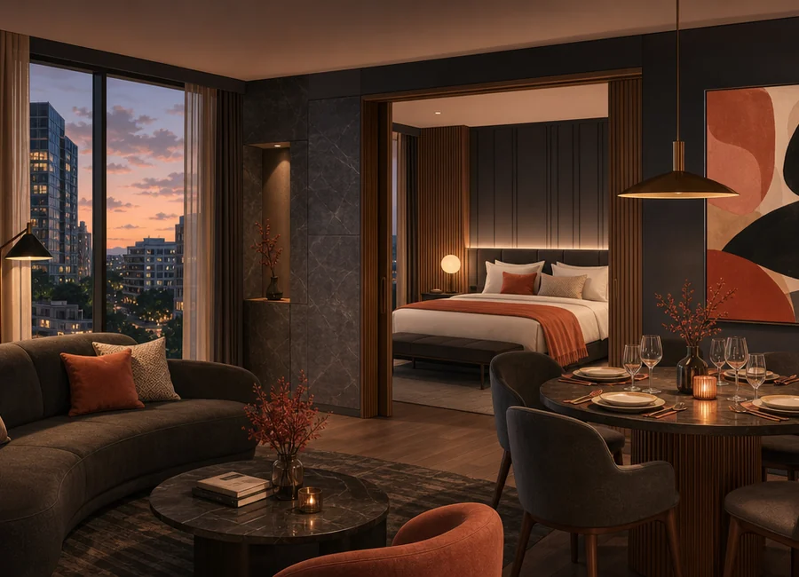 The Emberline Suite showing a separate lounge, dining table, king bed setting and warm timber details
