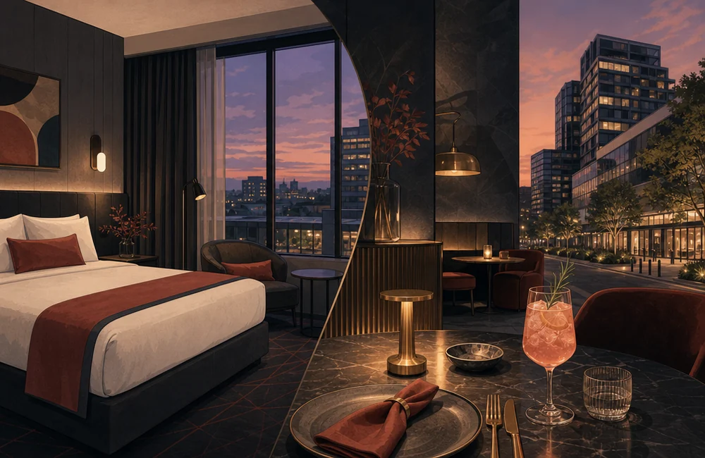 Composed event-night stay arrangement with a king-bed room detail, hotel social spaces place settings and a zero-proof drink
