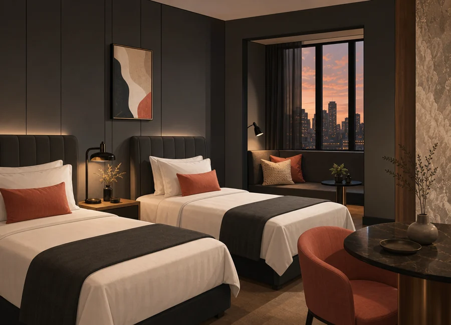 The Harbour Twin Room with two twin beds, reading nook and soft charcoal and ivory interior details