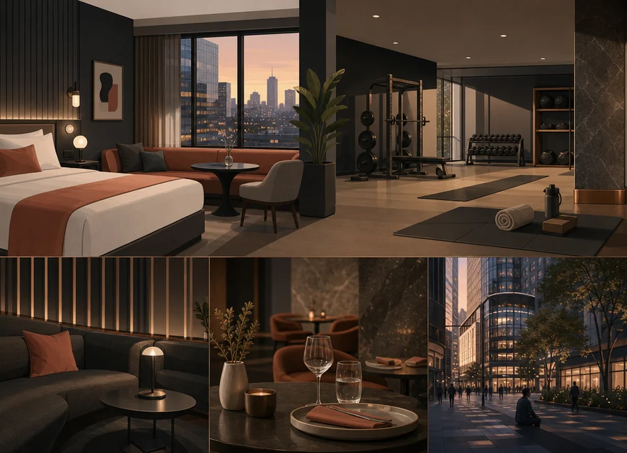 Quiet Interactive leisure interior with stretching space, strength equipment and natural material textures