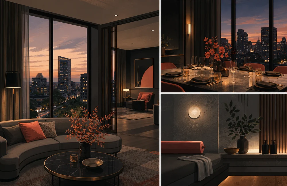 Weekend-reset arrangement with the Emberline Suite lounge, dining table and a quiet Interactive leisure detail